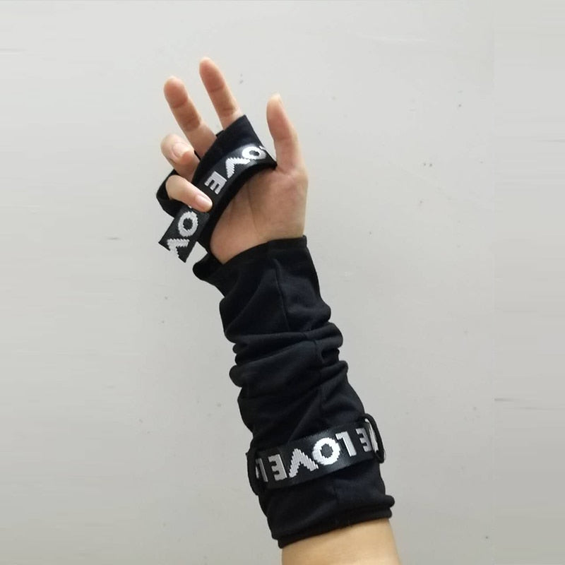 Adjustable black punk fingerless gloves.