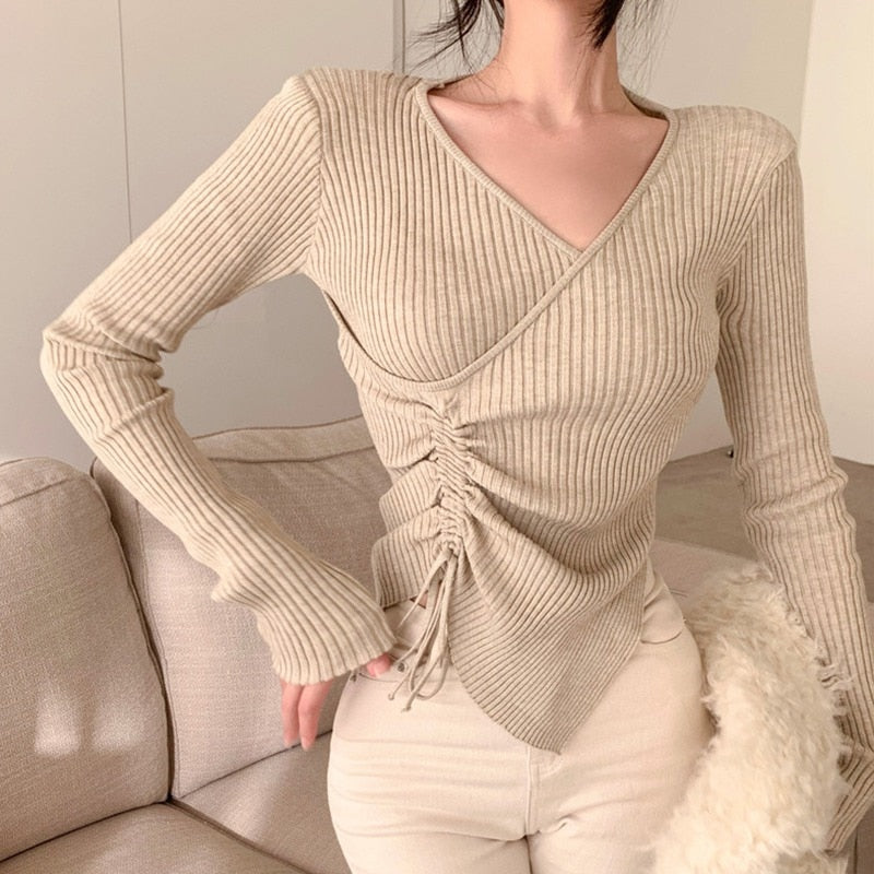 V-neck Pleated Sweater 2022 Fashion