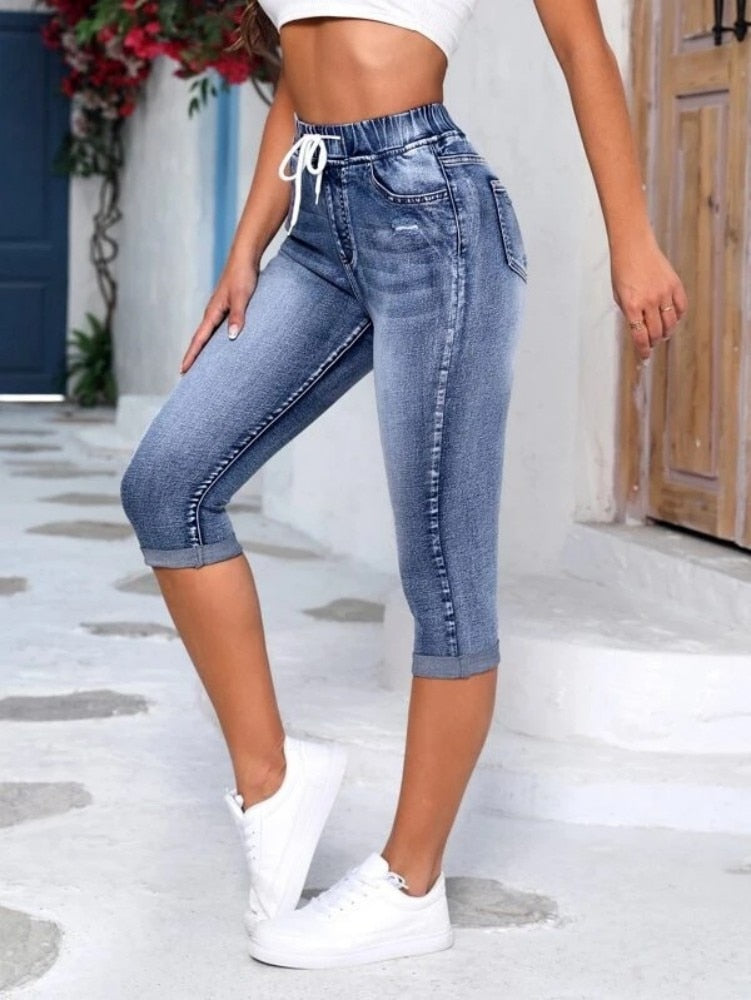 Summer Women's Elastic Waist Jeans Pants