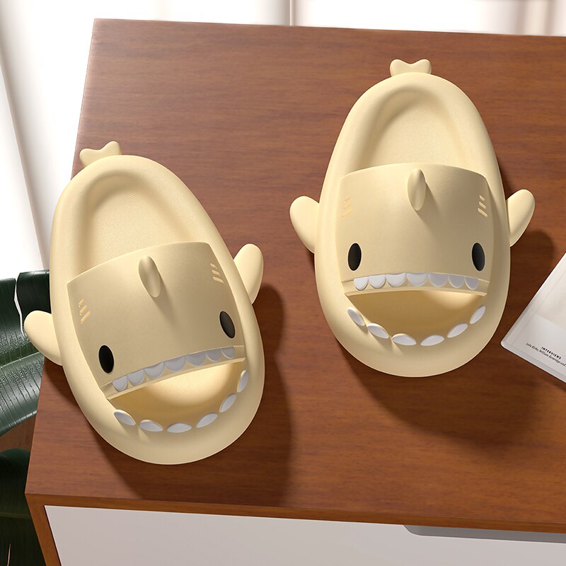 Shark platform slippers for comfort.