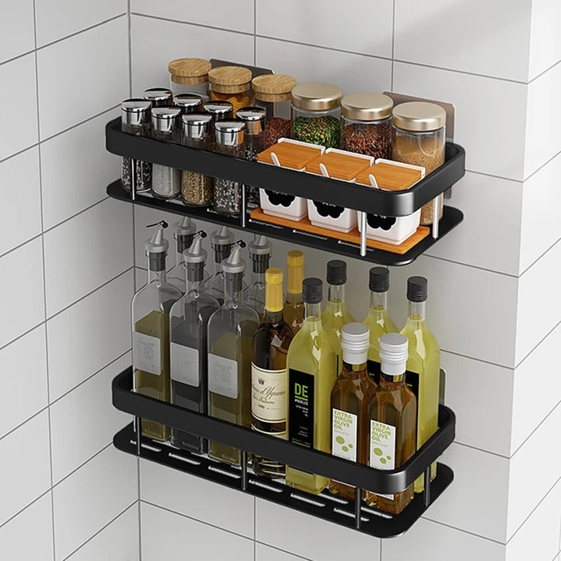 Wall-mounted corner shelf for bathroom.