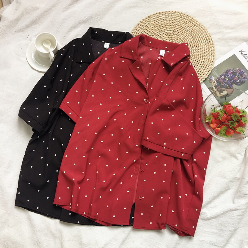 Polka dot blouses, summer shirts.