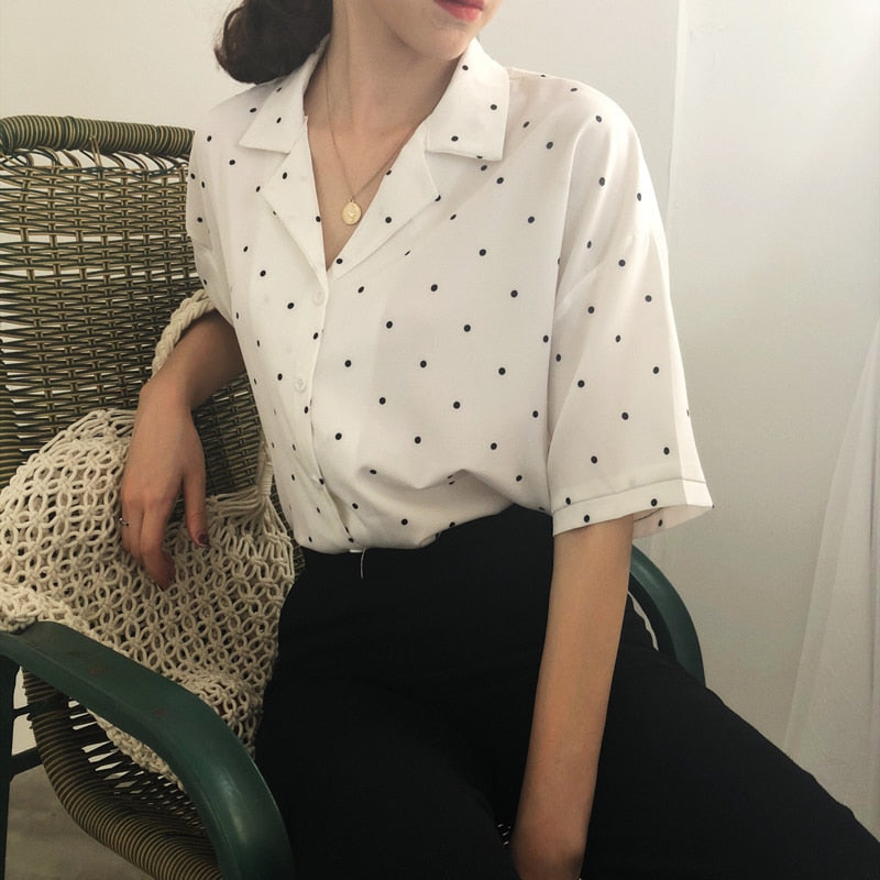 Polka dot blouses, summer shirts.