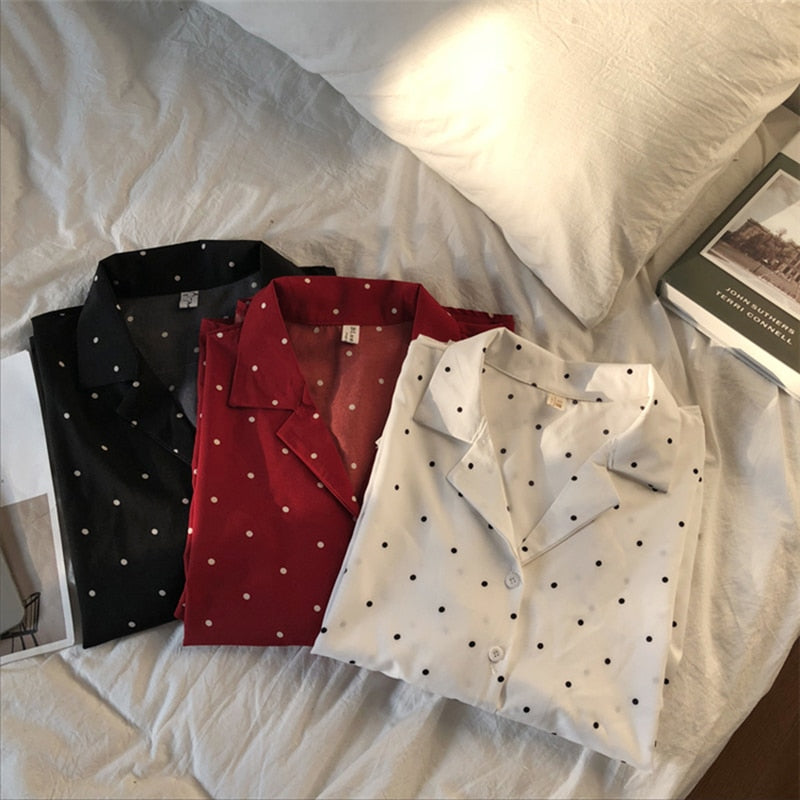 Polka dot blouses, summer shirts.