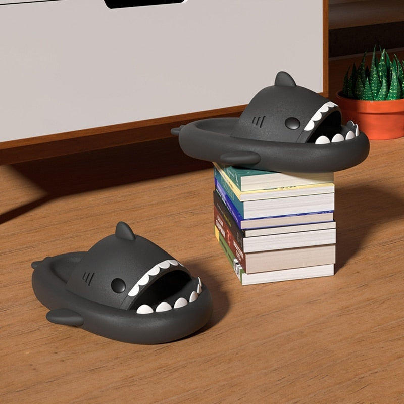 Shark platform slippers for comfort.