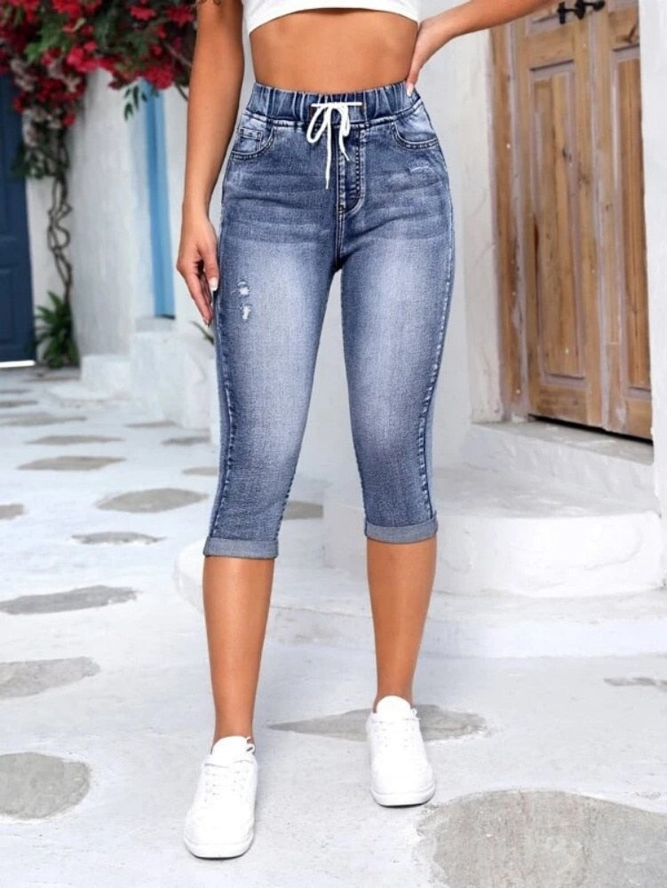 Summer Women's Elastic Waist Jeans Pants