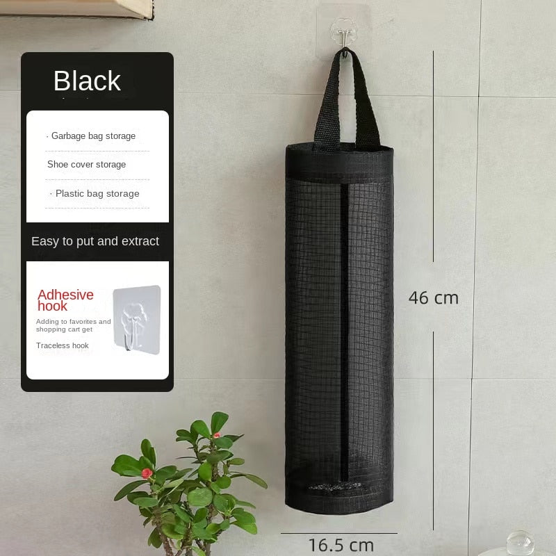 Wall-mounted plastic bag dispenser.