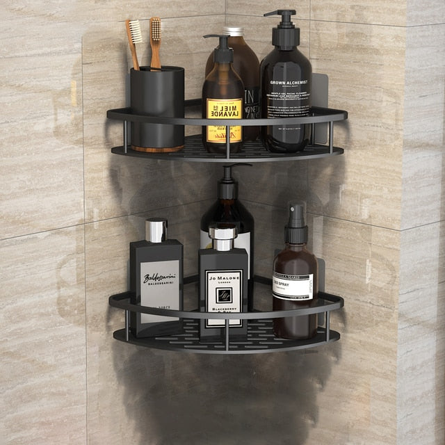 Wall-mounted corner shelf for bathroom.