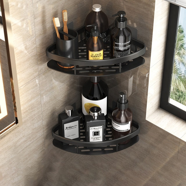 Wall-mounted corner shelf for bathroom.