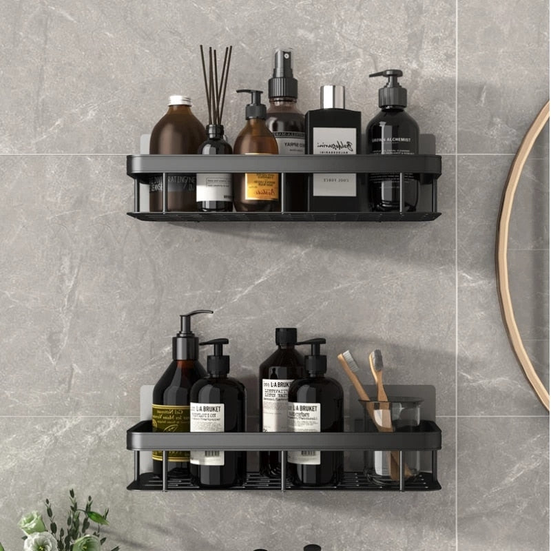 Wall-mounted corner shelf for bathroom.