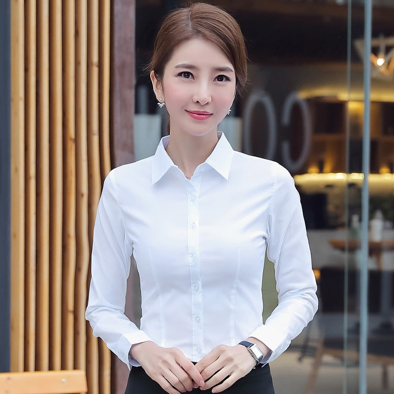 Fashionable Korean white office blouse.