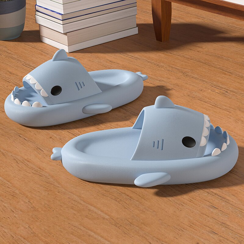 Shark platform slippers for comfort.