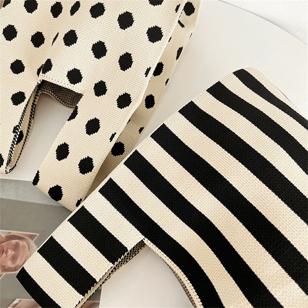 Polka dot stripe knit handbag.