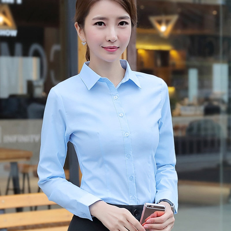 Fashionable Korean white office blouse.