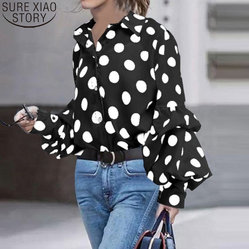 Polka dot lantern sleeve blouse.