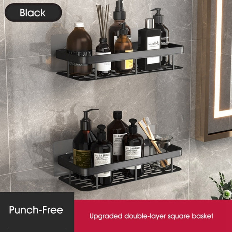 Wall-mounted corner shelf for bathroom.