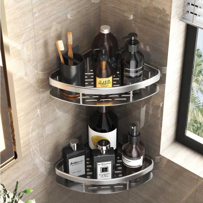 Wall-mounted corner shelf for bathroom.