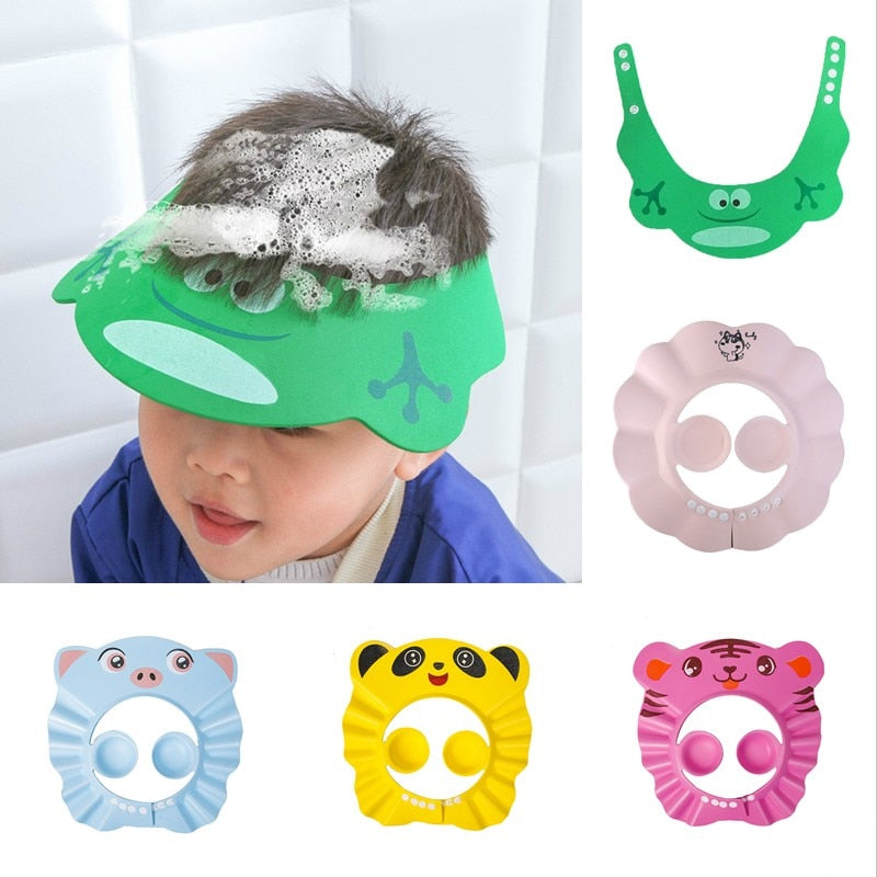 Adjustable EVA shampoo cap for babies.