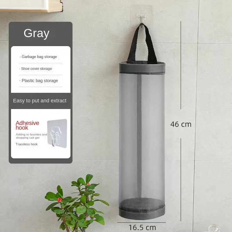 Wall-mounted plastic bag dispenser.